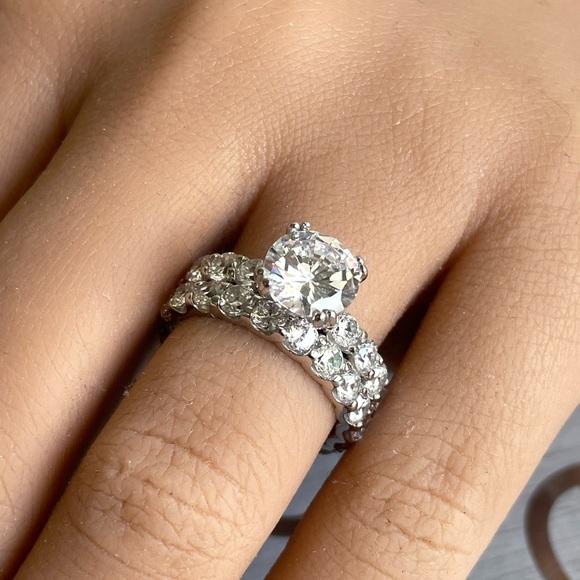 2.00ct Round CZ Engagement and Wedding Band Set, Eternity Band Sterling Silver - Picture 1 of 8